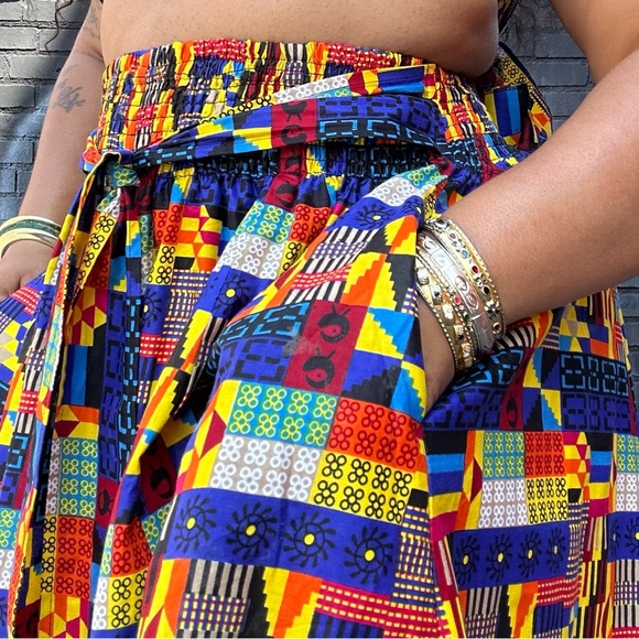 Tribal Abstract Mix Wax Print Cotton Tie Waist Maxi Skirt One Size Plus Size - Picture 3 of 12